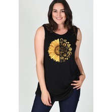 Büyük Beden Sun Flower Baskılı Kolsuz Viskon Basic Bluz