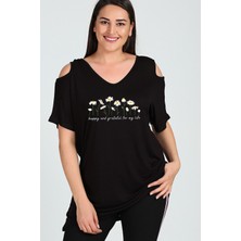 Büyük Beden Daisies Baskılı Omuzu V Pencere Kısa Kol Bluz