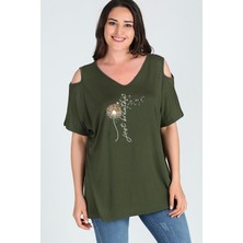 Büyük Beden Breathe Baskılı Omuzu V Pencere Kısa Kol Bluz