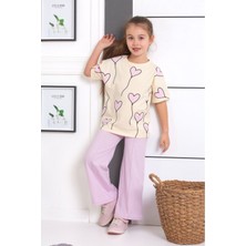Ispanyol Paça Tayt Pantolon Kalp Baskılı Oversize Tshirt Kız Çocuk Alt Üst Takım