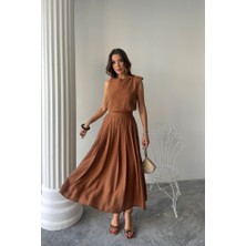 Alinn Butikk Keten Kolsuz Bluz - Maxi Etek Takım - Kahverengi