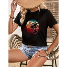 Alinn Butikk Kadın Kısa Kollu Palmiye Baskılı Viskon T-Shirt