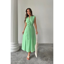 Mira Cotton Keten Elbise Kolsuz Bel Bağlamalı Maxi Elbise - Yeşil