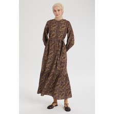 Armine Trend Desenli Belden Kuşaklı Elbise-Kahverengi 25YT935