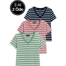 Kadın 3'lü Paket Yeşil-Pembe-Mavi Crop Tişört Pamuk V Yaka T-Shirt