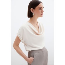 Sateen Kollar Taş Detaylı Salaş Bluz - Bej