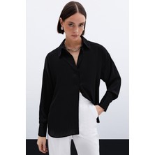 Kendinden Çizgi Desenli Gömlek - Siyah