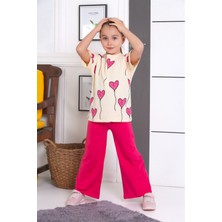 Ispanyol Paça Tayt Pantolon Kalp Baskılı Oversize Tshirt Kız Çocuk Alt Üst Takım