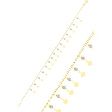 Gümüş Altın Yaldızlı Zirkon Taşlı Çift Sıra Dilim Pullu Halhal SGTL10540GOLD