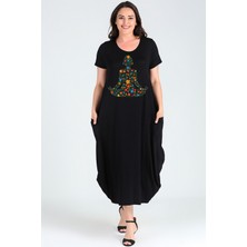 Büyük Beden Çiçek Yoga Baskılı Jumbo Kısa Kol Elbise