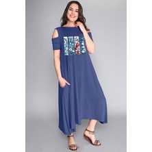 Büyük Beden Deniz Feneri Salty Baskılı Omuz Açık Elbise