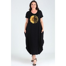 Büyük Beden Sun Flower Baskılı Jumbo Kısa Kol Elbise