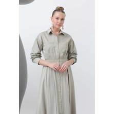Loreen Fashion Kadın Önü Boydan Düğmeli Beli Lastikli Badem Yeşil Elbise 20643