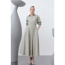 Loreen Fashion Kadın Önü Boydan Düğmeli Beli Lastikli Badem Yeşil Elbise 20643