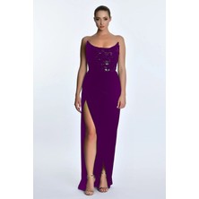 Alfa Beta Straplez Pul Detaylı Derin Yırtmaçlı Maxi Boy Kadın Abiye 2125793