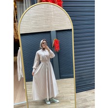 Loreen Fashion Kadın Önü Boydan Düğmeli Beli Lastikli Krem Elbise 20643