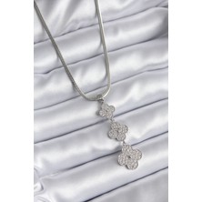 316L Çelik Gümüş Renk Italyan Zincir Zirkon Taşı Yonca Model Kadın Kolye