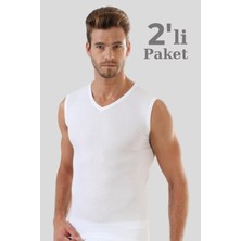 Erkek Beyaz Pamuklu Tişört Sıfır Kol V Yaka Kolsuz Atlet 2'li Paket