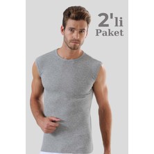 Erkek Pamuklu Gri Tişört Sıfır Kol Sıfır Yaka Kolsuz Atlet 2'li Paket
