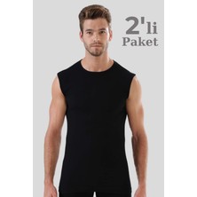 Erkek Pamuklu Siyah Tişört Sıfır Kol Sıfır Yaka Kolsuz Atlet 2'li Paket