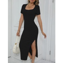 Ag Shoppings Kadın Kısa Kollu Kare Yaka Yandan Yırtmaçlı Fitilli Kaşkorse Elbise