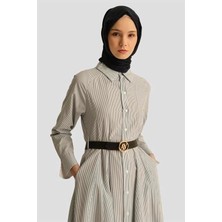 Armine Belden Açılan Çizgili Elbise 25Y9026 Beyaz