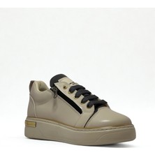 Kadın Spor Sneaker Ayakkabı Krem Gri-Ortopedik Taban-Bağcıklı Fermuarlı