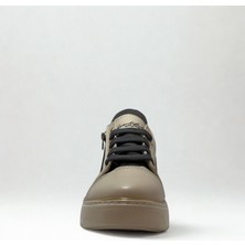 Kadın Spor Sneaker Ayakkabı Krem Gri-Ortopedik Taban-Bağcıklı Fermuarlı