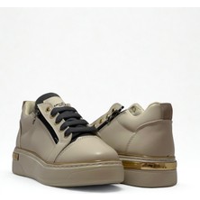 Kadın Spor Sneaker Ayakkabı Krem Gri-Ortopedik Taban-Bağcıklı Fermuarlı