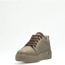 Kadın Spor Sneaker Ayakkabı Krem Taba-Ortopedik Taban-Bağcıklı Fermuarlı