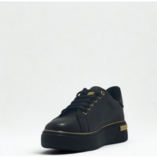 Kadın Spor Sneaker Ayakkabı Siyah Altın -Ortopedik Taban-Bağcıklı Fermuarlı