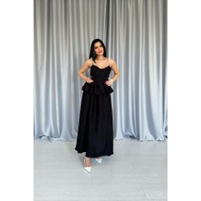 Nidam Butik Siyah Beli Büzgülü Inci Askılı Uzun Elbise