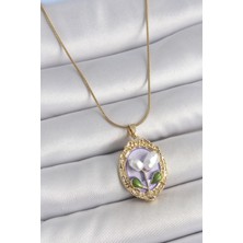 316L Çelik Gold Renk Mor Incili Çiçek Işlemeli Portre Model Kadın Kolye