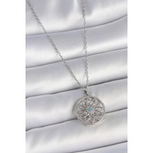 316L Çelik Gümüş Renk Zincir Mavi Taşlı Lotus Model Kadın Kolye