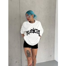 Melenza Unisex Bisiklet Yaka Baskılı Oversize T-Shirt - Beyaz