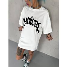 Melenza Unisex Bisiklet Yaka Baskılı Oversize T-Shirt - Beyaz
