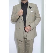 Duayen Fistan Store Erkek Koyu Bej Çizgili Spor Kesim Normal Kalıp Çift Düğmeli 6drop Kruvaze Takım Elbise