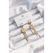 316L Çelik Altın Renk Italyan Zincirli Yonca Model Halka Küpe