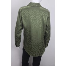 Klapa Fistan Store Kadın Haki Yeşil Desenli Klasik Kesim Rahat Kalıp Yazlık Battal Gömlek