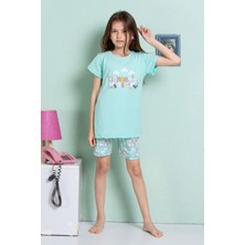 Elmkp Su Yeşili Tavşan Desen Kız Çocuk Şortlu Pijama Takımı 3-10 Yaş 4203