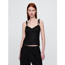 Kadın Siyah Keten Karışımı Bağcıklı Cami Bluz