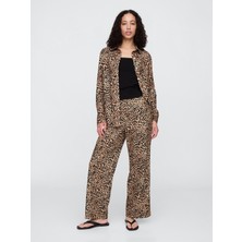 Kadın Kahverengi Mid Rise Keten Karışımlı Pull-On Wide-Leg Pantolon