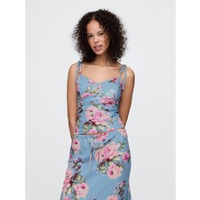 Kadın Çiçek Desenli Keten Karışımı Bağcıklı Cami Bluz