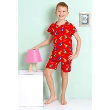 Elmkp Kırmızı Dinazor Desen Erkek Çocuk Şortlu Pijama Takımı 3-10 Yaş 3203