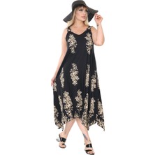 Melsay Butik Askılı V Yaka Siyah Pano Desen Elbise