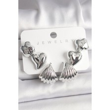 Gümüş Renk Yonca Kalp Deniz Kabuğu Figür Ccb Kadın Küpe Seti