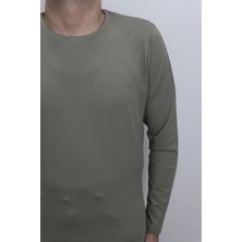 Santa Fistan Store Erkek Haki Yeşil Düz Spor Kesim Normal Kalıp Bisiklet Yaka Uzun Kollu Body