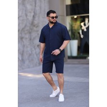 Lacivert Renk Gömlek Şort Erkek Keten Takım Oversize Kalıp