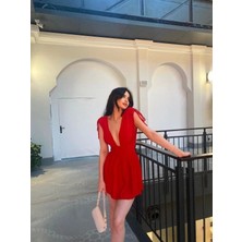 Melenza Omuzu Ip Askılı Şortlu Elbise - Kırmızı