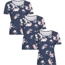 Asn Concept Kadın Çiçek Desenli Mavi Renk Pijama Üstü 3'li Paket (Büyük Beden Seçeneğiyle)